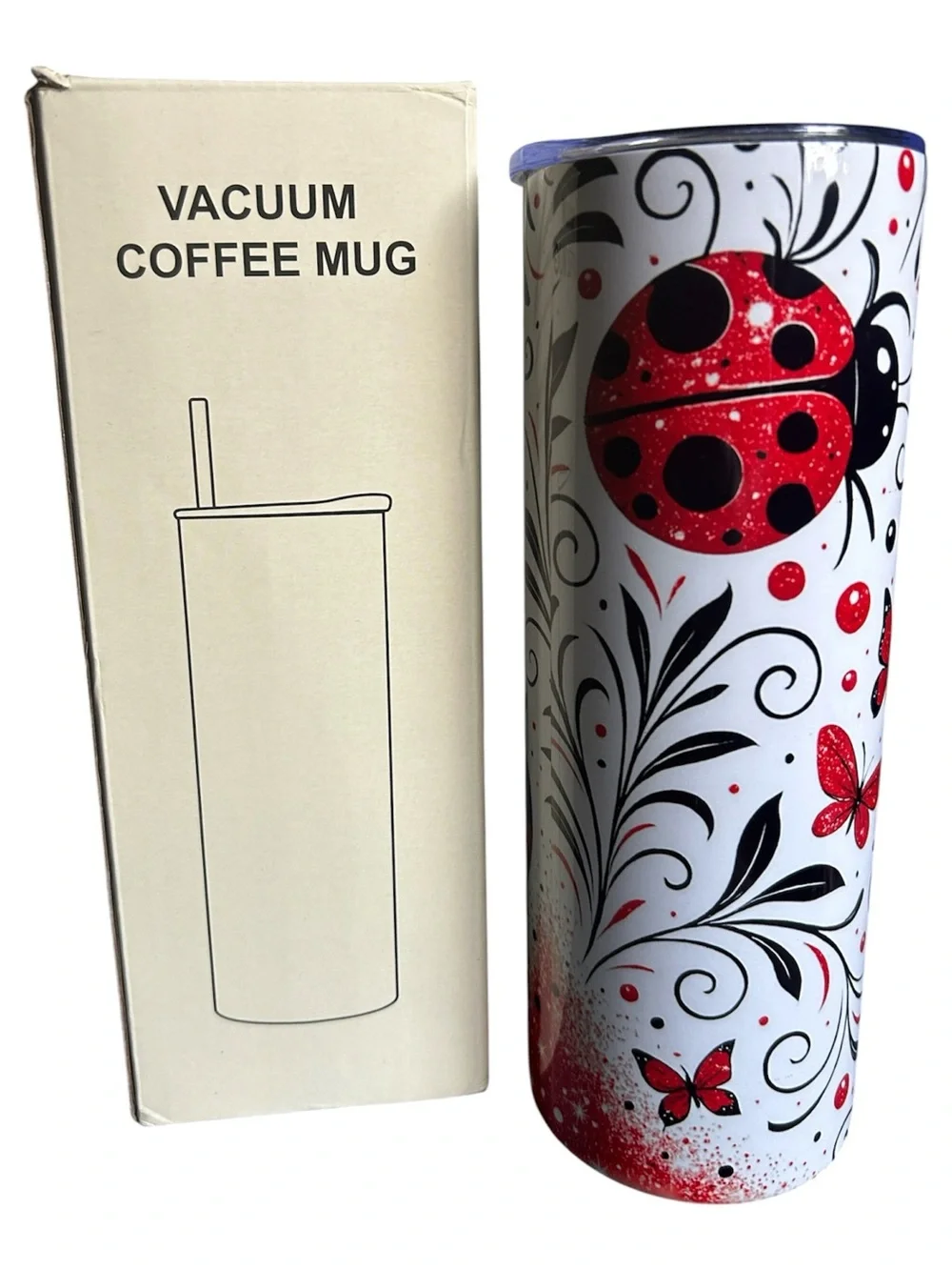 Ladybug Pattern Stainless Steel Tumbler with Straw & a Vintage Ladybug pouch,